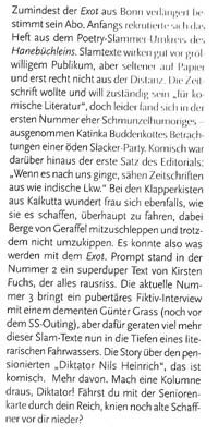 Ausschnitt der Rezension über EXOT in der Literaturzeitschrift Am Erker, Nummer 52.