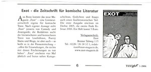 Ausschnitt der Rezension über EXOT in der Zeitschrift TextArt, Ausgabe 01/2006.
