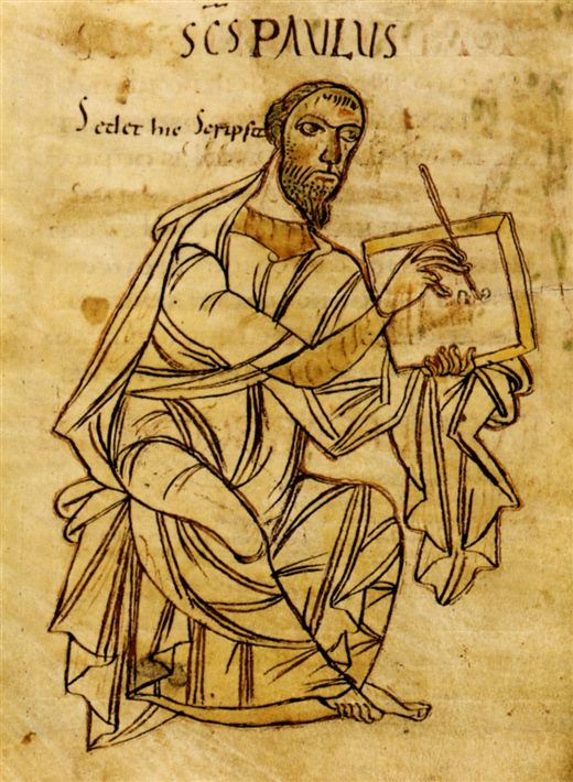 Mittelalterliche Buchmalerei des Apostels Paulus mit Schriftrolle, aus einer Handschrift der Stiftsbibliothek St. Gallen.