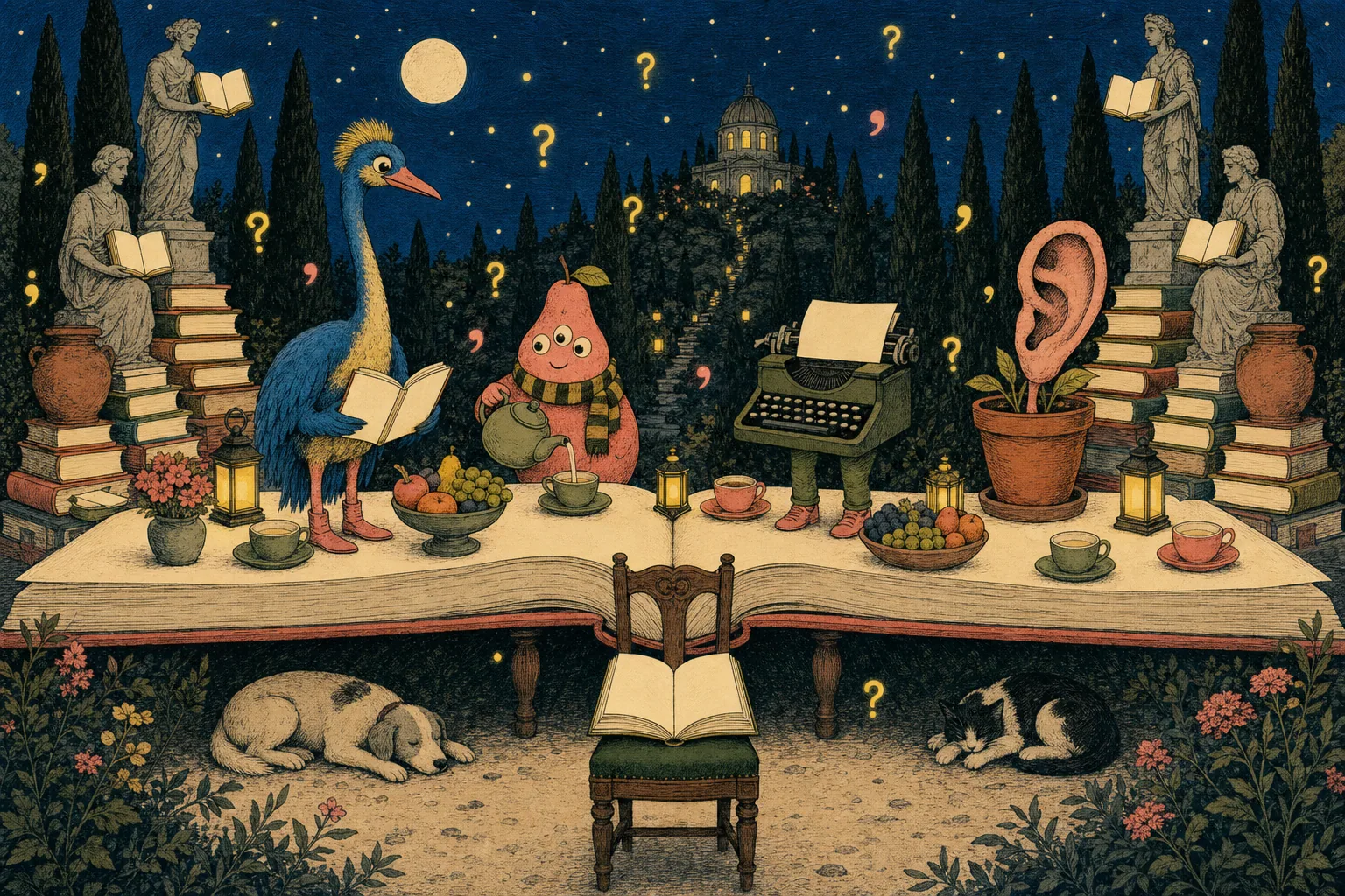Finale der Bildergeschichte: Vogel, dreiäugiges Wesen, Schreibmaschine und das große Ohr versammeln sich im Büchergarten. Ein freier Stuhl lädt zum Mitlesen ein. AI-generiertes Bildmotiv.