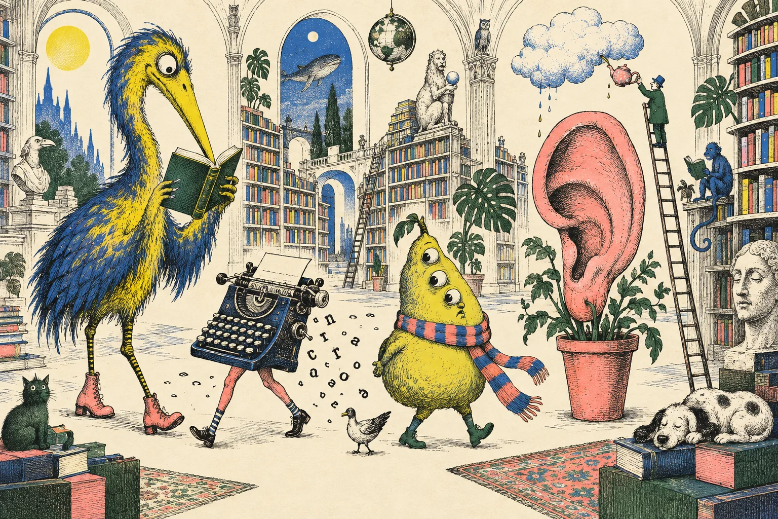 Absurde Tuschezeichnung: ein lesender Vogel, eine laufende Schreibmaschine, ein Wesen mit drei Augen, ein Ohr im Blumentopf und ein Mann, der Tee in eine Wolke gießt. AI-generiertes Bildmotiv.